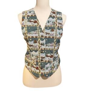 Vintage Womens Vest Winter Christmas Tapestry Sleigh Cabins Petite Small Grandma